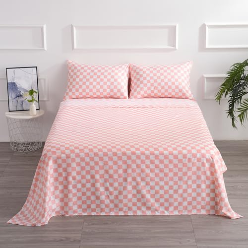 Image of Best Season Bed Sheet Set 4 Piece -Full Size-Soft Durable Microfiber Bedding Sheet Set,Deep Pocket,Stain,Fade & Wrinkle Resistant Green and White Checkerboard Grid(Plaid Coral&White)