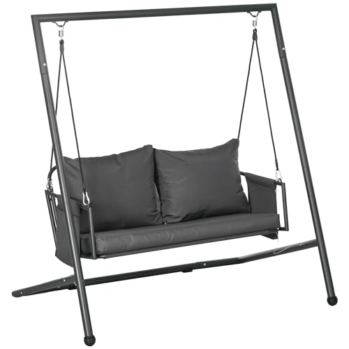 Outsunny Dondolo da Giardino 2 Posti con Cuscini e Tasche Portaoggetti, Dondolo da Esterno in Acciaio e Textilene, 168x117x181 cm, Grigio Scuro