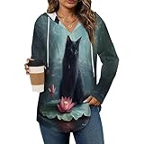 Black Cat Lily Lotuses Flowers Hoodies for Women V Neck Pullover Sweatshirts Long Sleeve Shirts Fashion Tops