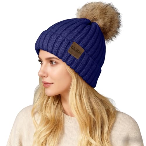 Gorro de punto para mujer con pompón de piel sintética miniatura 1