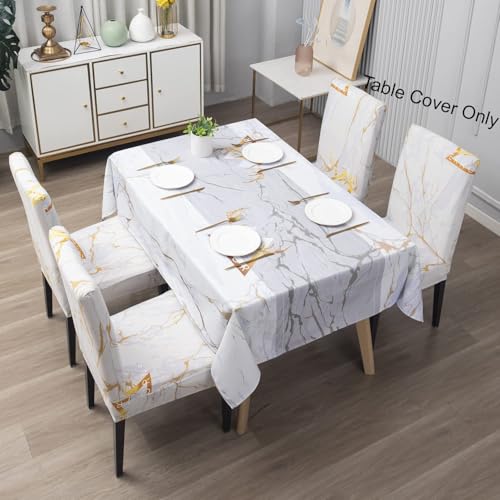 Image of Styleys Dining Table Cover Waterproof with for Kitchen Dining Table Cloth Dust and Oil Repellent (140x180, 1 Table Cover Only, Light Grey Marble Glitter, CTSD3188)