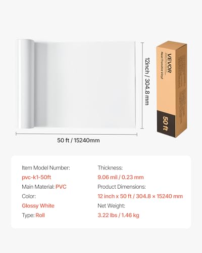 Image of VEVOR Heat Transfer Vinyl, 12 in x 50 ft, Glossy White HTV Iron on Vinyl Roll, Easy to Cut and Weed, Strong Adhesion, Compatible with Cutting Machines, for Various Materials, T-Shirts, Pillows, Hats
