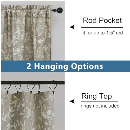 Image of Chyhomenyc Linen Blend Window Curtains 63 Inch Length 2 Panels, Light Filtering Floral Printed Curtain Drapes for Living Room, Rod Pocket Soft Bedroom Curtain Panels, 38Wx63L Inch, Taupe