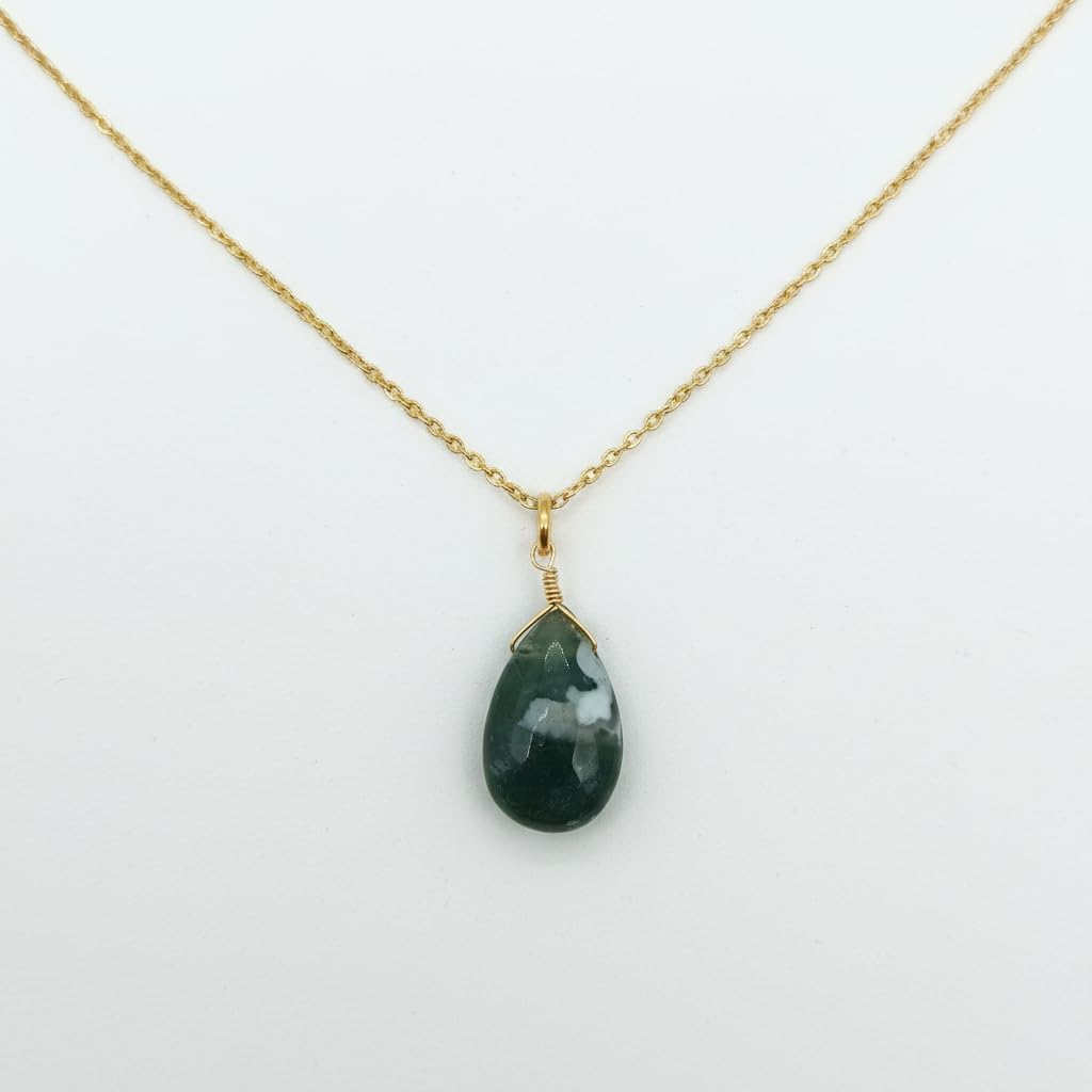 Natural Moss Agate Pear Pendant Necklace for Women | Gold Plated Hypoallergenic Growth Healing Crystal Jewelry | Stability Stone 16"+2" (Moss Agate) - Image 5