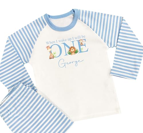 The Baby Box UK Boys Personalised Birthday Pyjamas When I Wake Up I Will Be Birthday PJs 1st Birthday Pyjamas Boys (Blue Stripe Safari 1, 6-12 Months) - Image 5