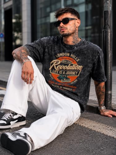 Image of London Hills Men's Oversized t Shirt for Men Graphic T-Shirt | Acid Wash Printed Men T-Shirts | Tshirt for man Round Neck Half Sleeve Pure Cotton Casual Mens tees | Off Shoulder Tshirt Shirts man