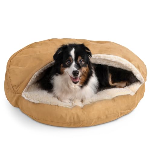 Image of Snoozer Cozy Cave Dog Bed - Indoor Dog Bed with Cover Cave, Covered Calming Burrow for Small & Medium Sized Pets with Blanket Attached, Enclosed, Removable Washable Cover - Large, Camel