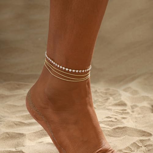 Image of 2 /3 PCS Gold Anklets for Women Waterproof Cuban Link Anklet Beaded Bracelets Stackable Bracelets 14K Gold Plated Custom Jewelry Gifts Non Tarnish Lightweight