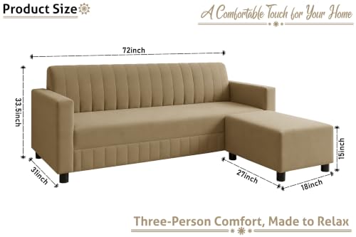 Image of 3 Seater Wooden Sofa with Ottoman | Modern Sofa Set for Living Room | Stylish Home Furniture Sofa with Comfortable Seating-Golden