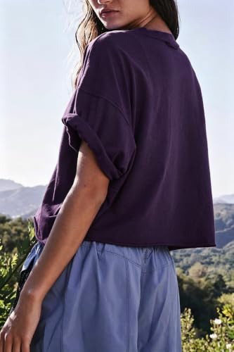 Image of HUGOOME Womens Oversized Workout Crop Top Casual Short Sleeve Boxy Roll Hem