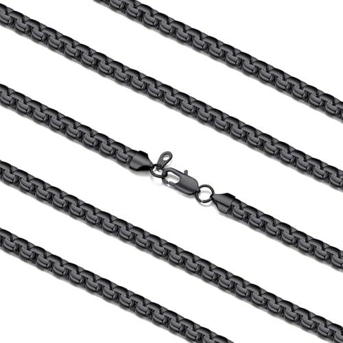 FaithHeart Mens Black/Silver/Gold Stainless Steel Flat Box Link Chain Necklace, Stylish 2/4/6/8mm Width Box Chains Necklaces for Men Non Tarnish Hip Hop Chain Jewelry Gifts,14"-30" Length 18