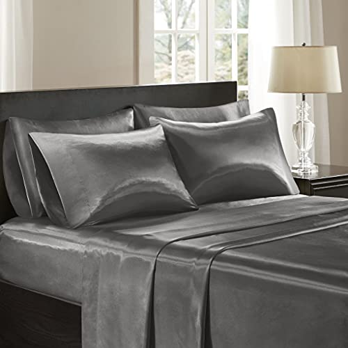 Image of Madison Park Essentials Satin Sheets Full Size Bed Set, 6 Piece, Grey | Luxury and Smooth Silky Bedding with Natural Sheen, All Around Elastic 14 inch Pocket fits up to 16 inch Mattress, Year-Round Cozy
