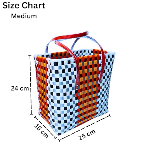 Image of Hand Made Multipurpose Plastic Basket with Lid | Eco-Friendly, Washable, Rust-Free Storage Basket for Kitchen, Picnic, Toys, Travel, Office | Lightweight basket (Red with Light blue, M)