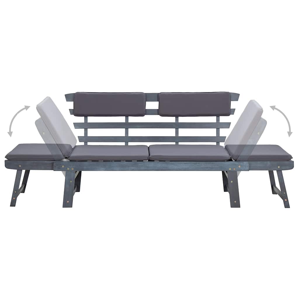 Banco de jardín de madera de acacia 2 en 1, 190 cm, gris, con cojines, banco plegable con laterales ajustables y fundas de almohada extraíbles