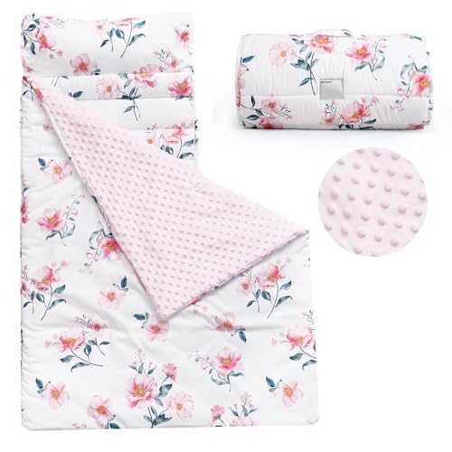 Image of PHF Toddler Nap Mat with Removable Pillow and Minky Fleece Blanket, Rollup Design Warm Slumber Bags for Girls, 52"x20"x2" Kids Sleeping Bag for Daycare Preschool Travel Camping, Pink Floral