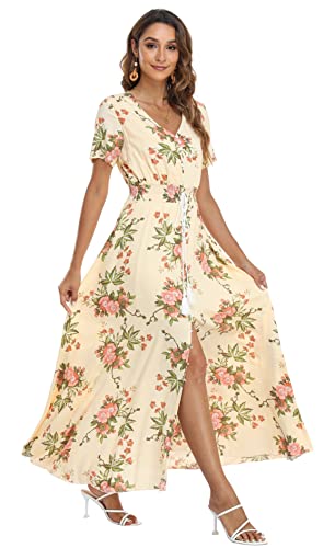 Image of VintageClothing Women's Floral Maxi Dresses Boho Button Up Split Summer Casual Long Dress Beach Party Dress