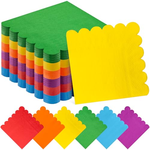 150 PCS Scalloped Cocktail Napkins, 2-Ply Colored Disposable Dessert Napkins Folded 5x5Inch Bright Beverage Napkins for Bridal Baby Shower Fiesta Dinner Wedding Birthday Party Table Decorations
