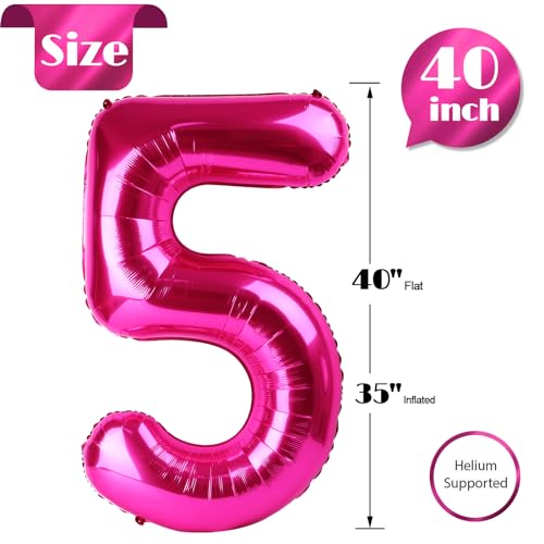 Image of Hot Pink Number 5 Balloon 40 Inch, 5th Birthday Party Decorations, Giant 5 Foil Balloon for Party Supplies