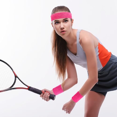 Image of Civaner 12 Pcs 80 90s Neon Sweatbands Soccer Baseball Headbands Wristband Set for Men Women Party Cotton Headbands Terry Cloth Athletic Sweat Bands for Tennis Football Gym Outdoor