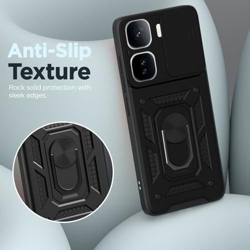 Image of Pikkme Back Cover for iQOO Neo 10 Pro 5G | D10 Tough Armor | 360 Protection Case | Sliding Camera Shield Cover & Ring Holder Stand Bumper Case (Black)