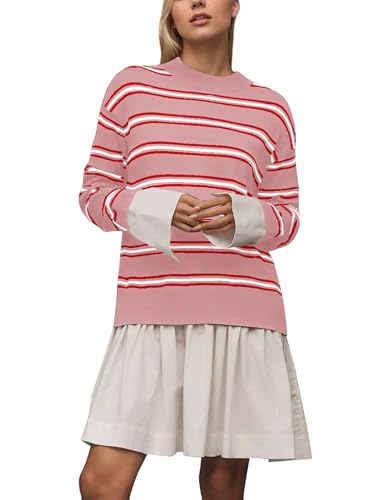 MISSACTIVER Women's Stripes Pleated Mini Sweater Dresses Crewneck Long Sleeve 2 in 1 Patchwork Dress