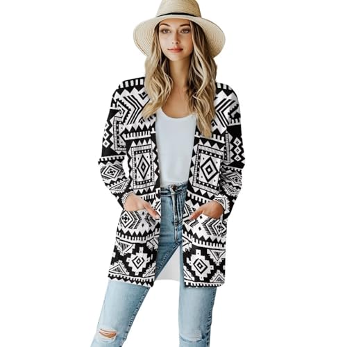 Image of Women's Aztec Open-Front Jacket Lightweight Casual Outerwear Native Western Aztec Pattern & Plaid Houndstooth Print