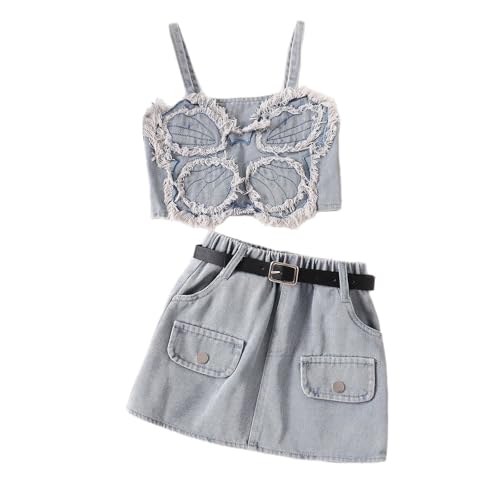 Falda de mezclilla con lazo en conjunto veraniego de ropa moderna para niñas
