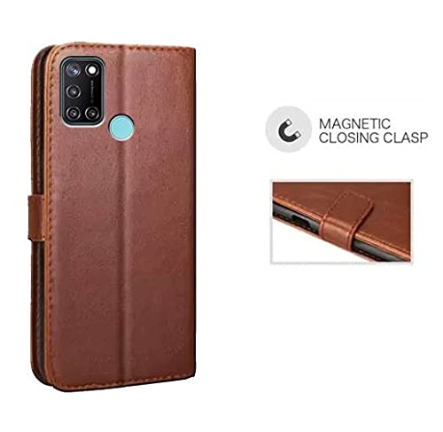 Image of Inside Rubber TPU with Card Pockets Magnetic Closure Protection Compatible with Realme C17, RMX2101 (Brown)