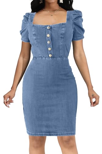 Image of SeNight Women Denim Dresses Elegant Sexy Short Sleeve Jean Party Dress