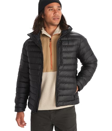 Marmot Herren Highlander Hoody, Leichte Daunenjacke, warme Winterjacke, wasserabweisende Steppjacke, winddichte Funktionsjacke, klein packbare Outdoorjacke mit Kapuze, Black, M