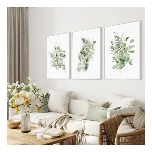 Affiches vertes salon eucalyptus aquarelle lot de 3 toiles 85x120 cm