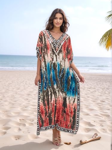 Image of IMAGEKOPE Kaftan Dresses for Women Plus Size Bathing Suit Cover up Vneck Batwing Dress Loose fit Moroccan Caftan mumu Dresses