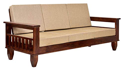 Image of Furniture Solid Sheesham 5 Seater Wooden Sofa for Living Room with Cushion|Solid Wood 5-Person Sofa Set /Couch 3+1+1 for Bedroom,Home,Office & Lounge| Walnut Brown Finish