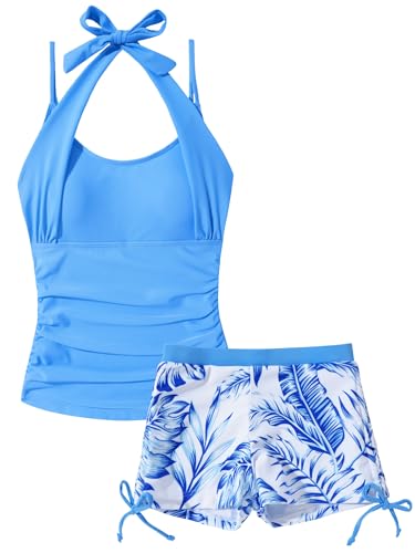 Image of Happy Cherry Girls Two Piece Swimsuit Halter Neck Bathing Suit Top with Drawstring Printed Swim Shorts Tankini Set 7-16Y