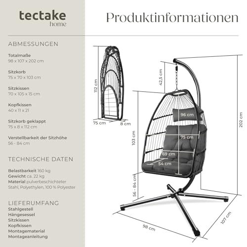 tectake® Hängesessel mit Gestell, Dicke Kissen, Möbel, Deko für Wohnzimmer, Jugendzimmer, Balkon, Outdoor oder Indoor Schaukel Sessel, Kinder & Erwachsene, belastbar bis 160kg - dunkelgrau 6