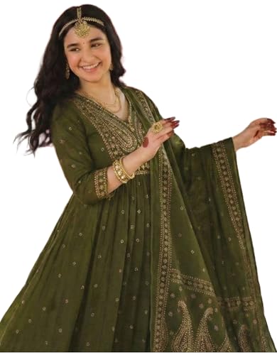 Image of GoSriKi Rust Anarkali Kurta Set for Women with Dupatta | Cotton Kurti Set for Woman | Embroidered Anarkali Suit for Women Kurti Pant Set with Dupatta | Suit Set for Women Latest