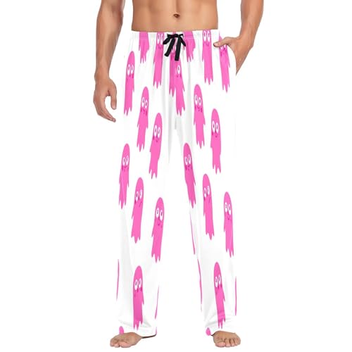 Qilmy Pink Ghosts Men's Cotton Pajama Pants, Lightweight Lounge Sleepwear with Drawstring and Pocket - Main Image