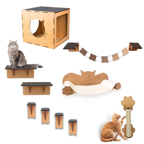 BOXFAN Playground para Gato Kit 10 Peças Ponte Prateleiras Degraus Nicho Arranhador Sisal Rede Pet