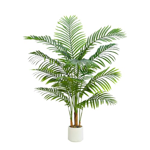 Artificial Palm Tree Indoor Plant 4FT Tall Fake Tropical Palm Tree in Pot, Real Bark Design Faux...