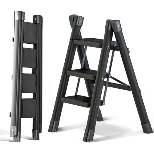 Trittleiter 3 Stufen Klappbar, Tritthocker Klappbar, bis 120kg Belastbar, Ladder for Home, Leichtes und Kompaktes Klapptritt mit Rutschfesten Stufen, Stahlrahmen, für Zuhause, Büro,Garten, Schwarz