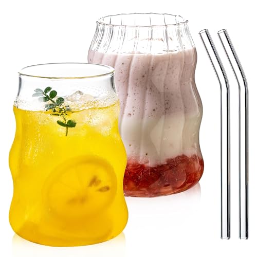 Xygobla 2 Pcs Ribbed Glass Cups Set with Straws 530ML Vintage Drinking Glassware Ripple Cocktail Glasses for Iced Coffee Soda Tea Juice Beverage Milk