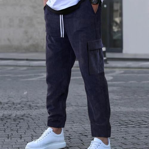 Men's Corduroy Cargo Pants Casual Cargo Pant Elastic Drawstring Waist Straight Wide Leg Sweatpants with Multi Pockets2