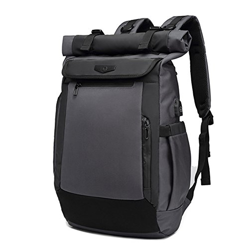 Rucksack Roll Top Kurierrucksack mit USB Ladeport Laptopfach Brustgurt Wasserabweisend Ruckäcke Daypack für Damen Herren (Grau)