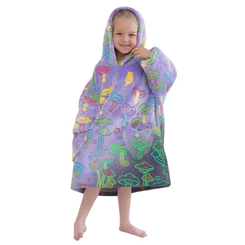 Fiosnow Glow in the Dark Mushroom Blanket Hoodies for Kids Toddler 2-6YR Oversize Wearable Blanket Hoodies for Boys Girls