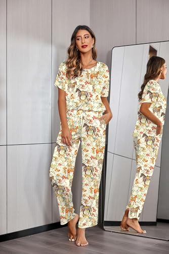 Image of Ekouaer Womens Satin Silky Pajama Set Short Sleeve Shirt with Long Pajama Pant Set Soft PJ Loungewear