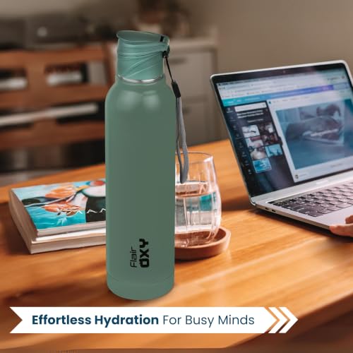 Image of FLAIR Oxy 900 Stainless Steel Water Bottle Set of 2 (650 ml Each), Green, Hot & Cold, Leakproof, BPA-Free, ISI Certified, Stainless Steel Bottle for Office, Gym, Travel, Trekking & Outdoor Sports