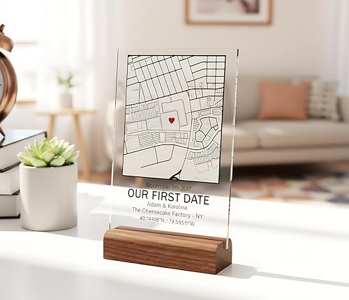 Personalized Acrylic Map Our First Date with Wood Stand for Mother, Wife, Girlfriend, Husband, Boyfriend - Custom Coordinates, Date, Names (4x6 inch)