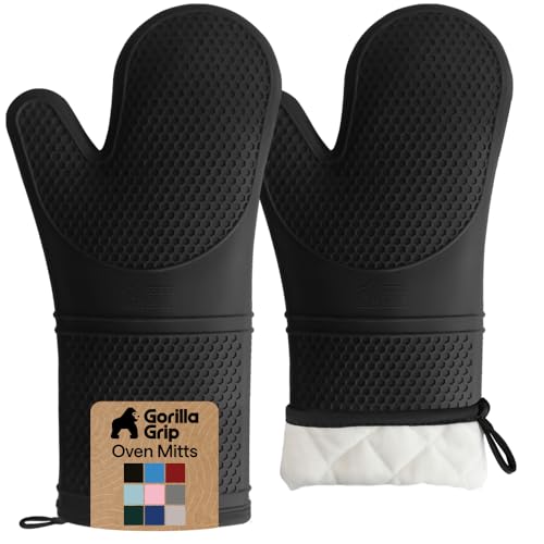 Image of GORILLA GRIP BPA-Free Soft Silicone Oven Mitts, 14.5x8.3, Heat Resistant and Waterproof Cooking Gloves, Thick Cotton Lining, Flexible Gripping for Baking Grilling, Kitchen Potholders Set of 2, Black