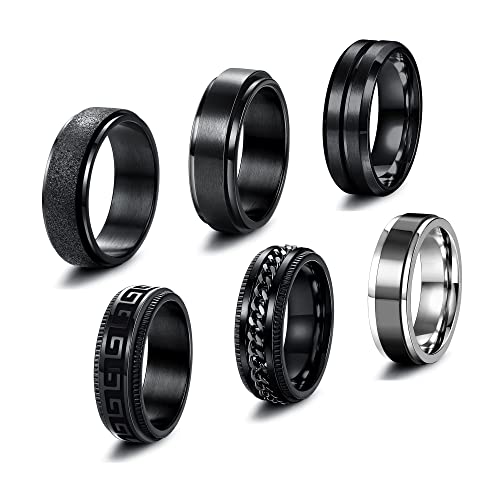 JeweBella 6 Stück Edelstahl Ringe für Herren Spinner Ringe Set Vintage Breit Schwarz Ringe Drehbare Kette Ringe Vintage Spinner Ring Männer Hochzeitsversprechen Band Ringe Größe 54-70