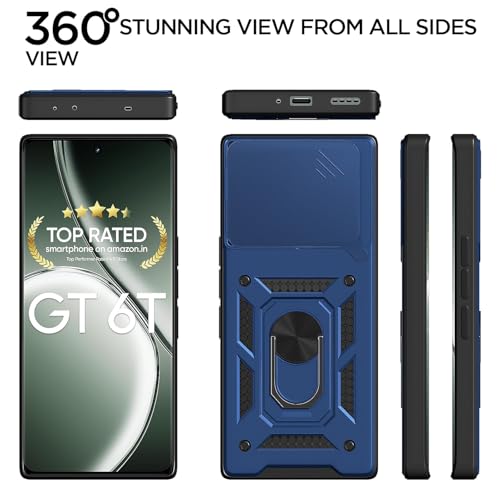 Image of Pikkme D10 Tough Armor Bumper Case | 360 Protection Case | Sliding Camera Shield Cover & Ring Holder Stand Back Cover for Realme GT 6T 5G / GT Neo 6 SE 5G (Blue)